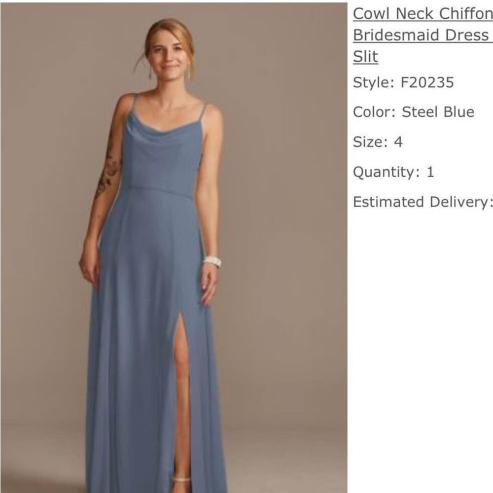 David’s Bridal Cowl Neck Chiffon Steel Blue Maxi Dress